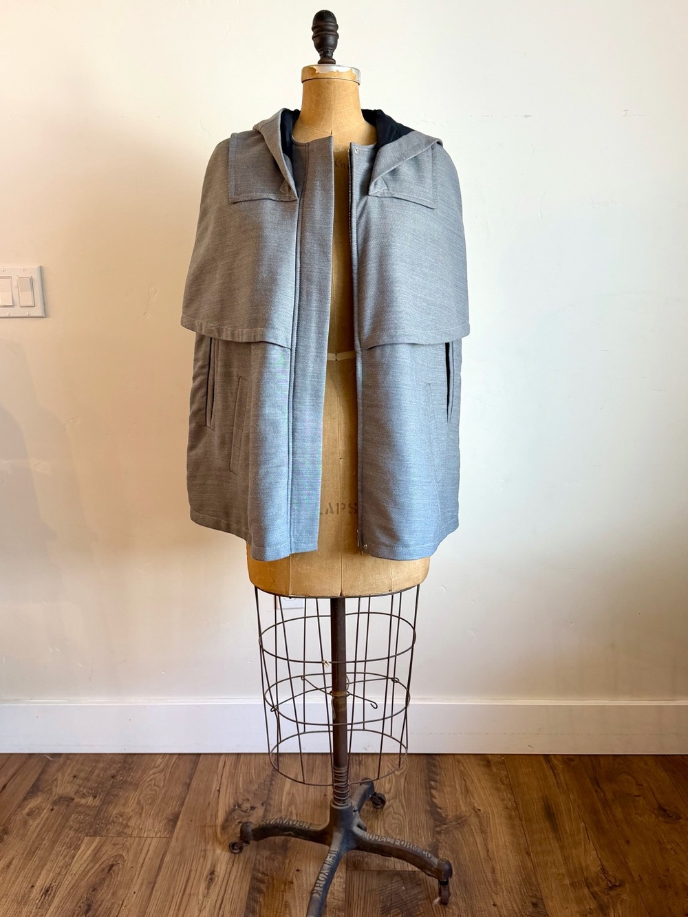 Lacoste Gray Wool Blend Heavy Quilted Hooded Cape Jacket